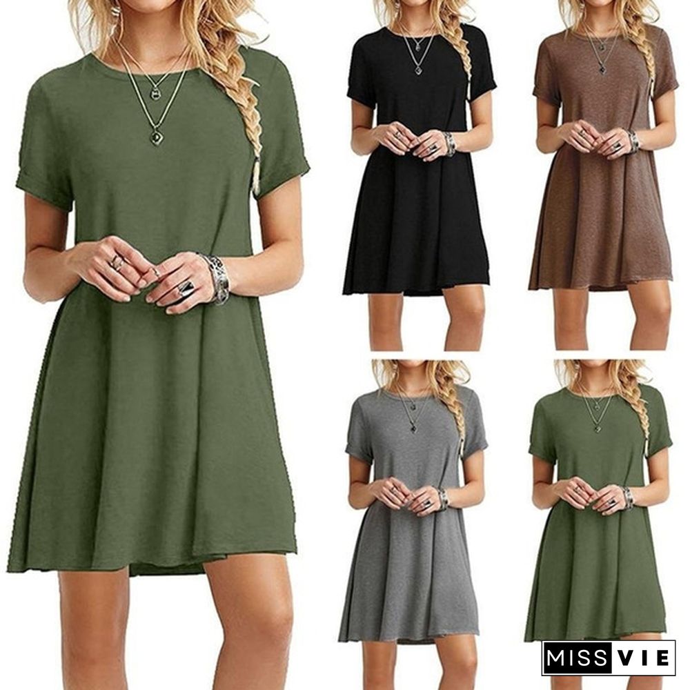 Women Summer Sexy Short Sleeve Loose O-neck Cotton T Shirts Dress Ladies A-line Mini Ruffles Beach Dress Tops