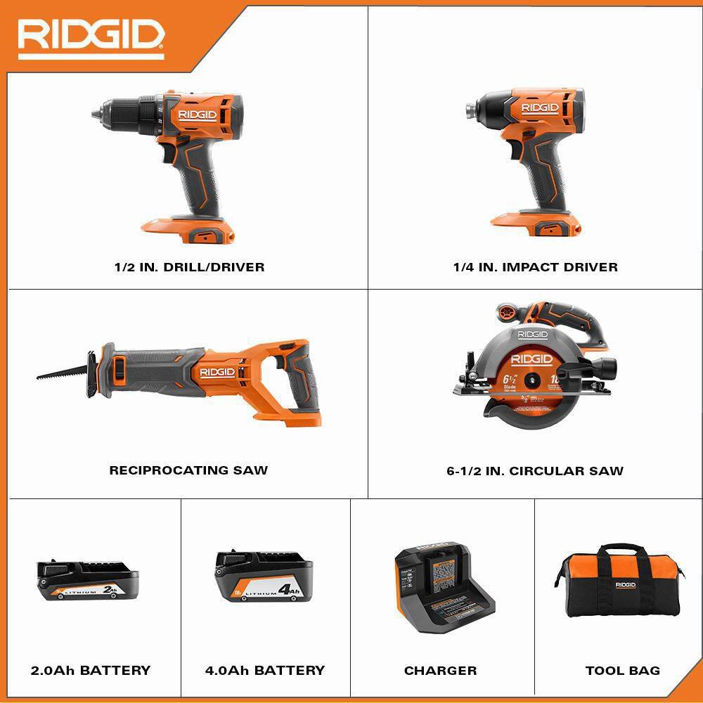 RIDGID 18V Cordless 4-Tool Combo Kit with (1) 4.0 Ah Battery (1) 2.0 Ah Battery Charger and Bag R96256