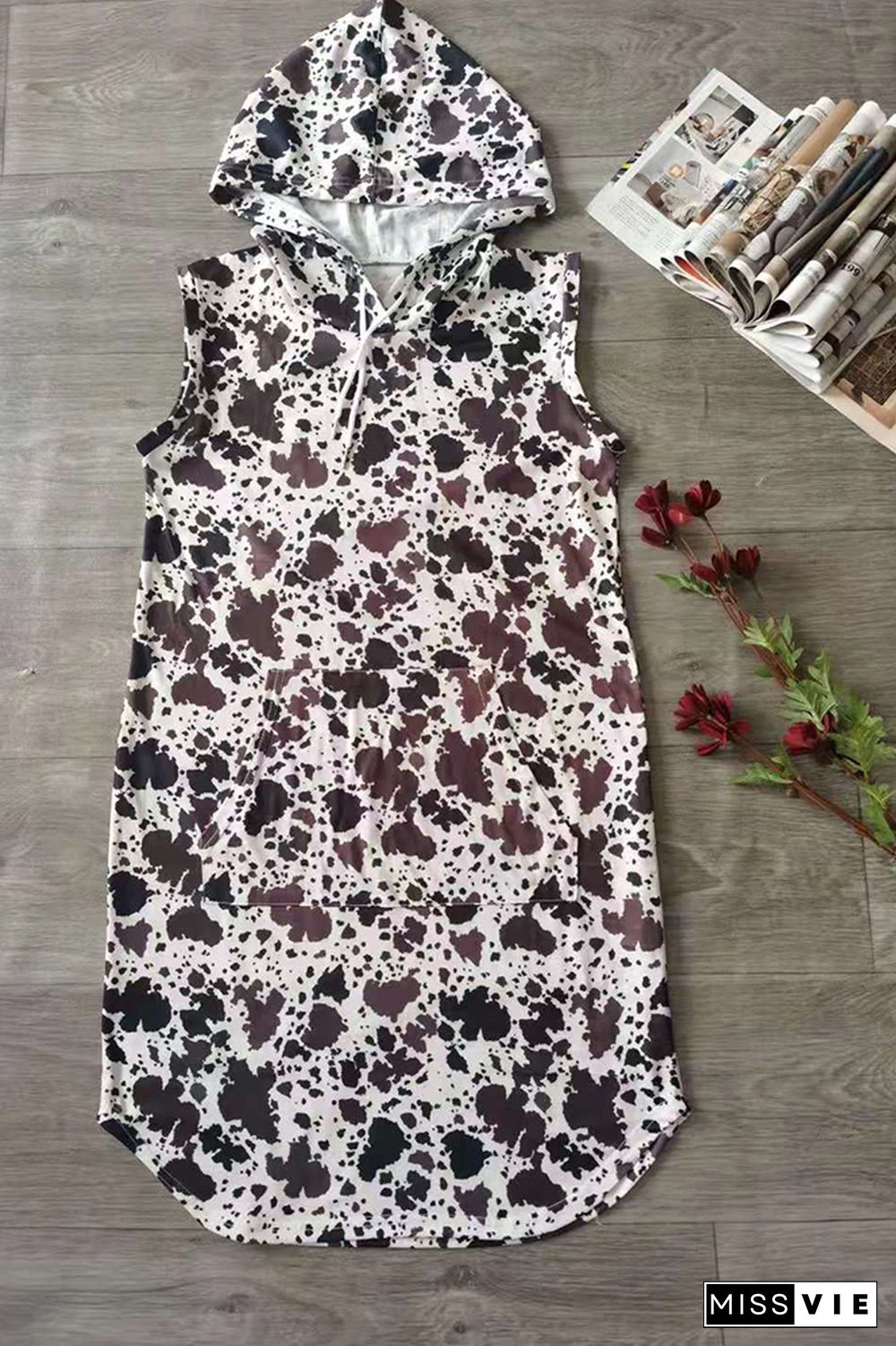 Cow Print Sleeveless Hooded Dress with Pockets