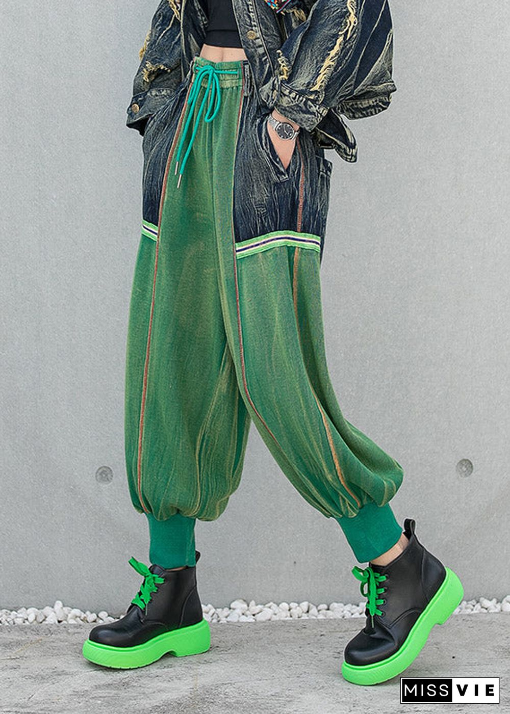 Stylish Green Pockets Patchwork Drawstring Harem Pants Spring