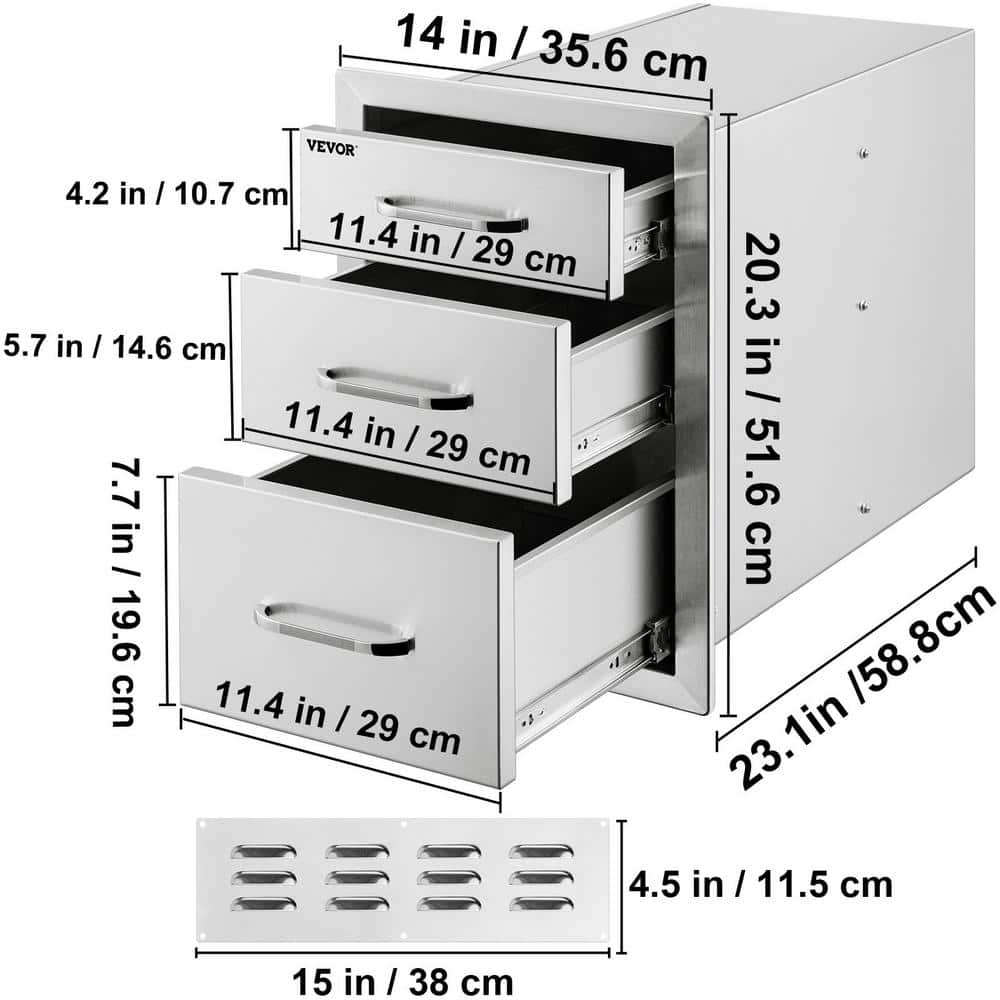 VEVOR 14 in. W x 20.3 in. H x 23 in. D Outdoor Kitchen Drawers Flush Mount Triple Drawers Stainless Steel Access Drawer 20.25X14YC3CBXGCTV0