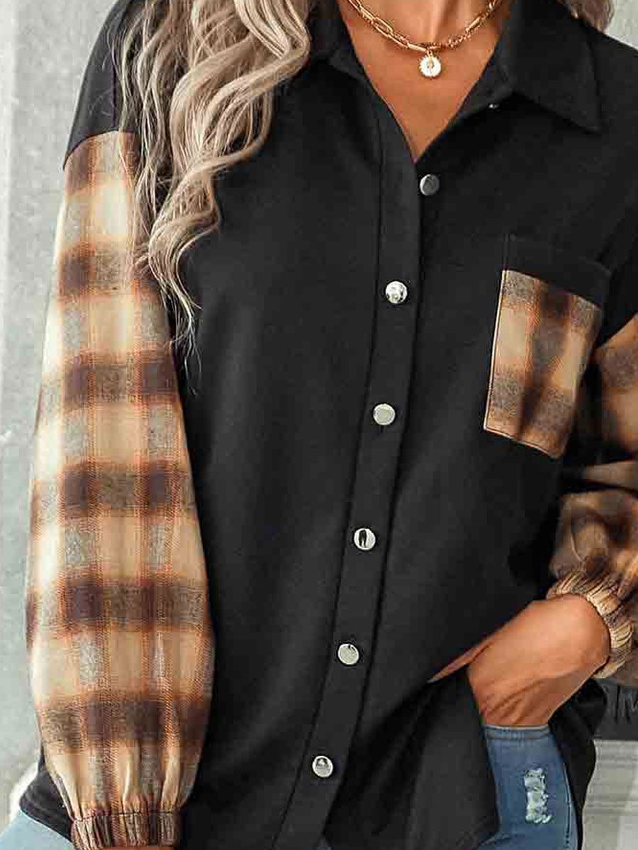 Pocket Tartan Print Black Shirt Collar Shirt