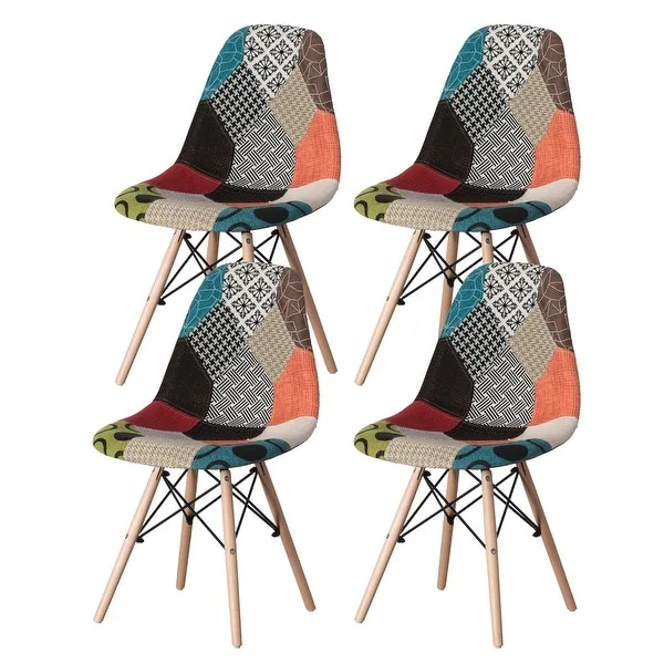 Modern Fabric Patchwork Chair with Wooden Legs for Kitchen, Dining Room, Entryway, Living Room