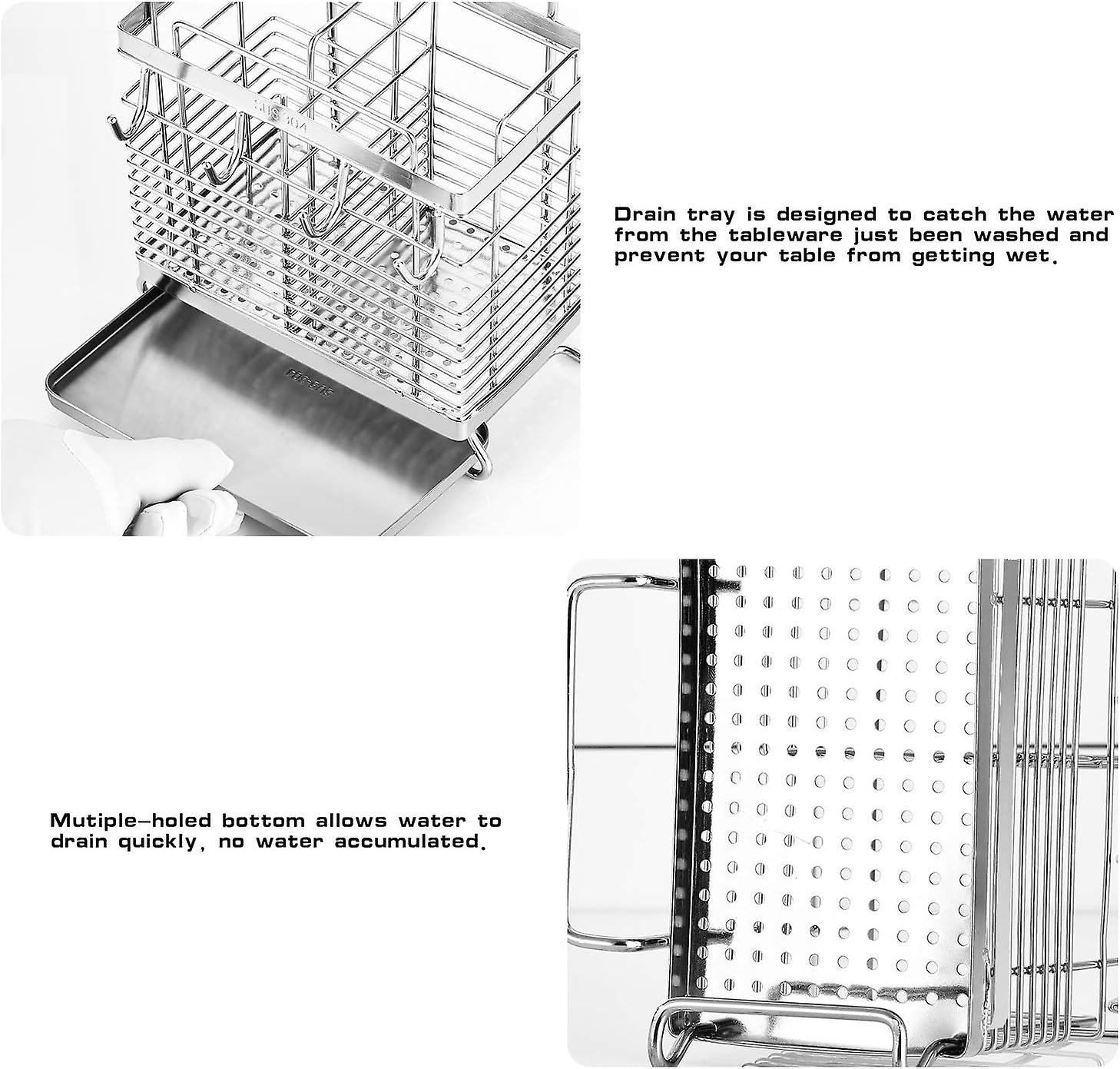 Sturdy 304 Stainless Steel Utensil Drying Rack， Basket Holder With Hooks 2 Compartments Draining Basket， Rust Proof， No Drilling，kitchen Dish Drainer