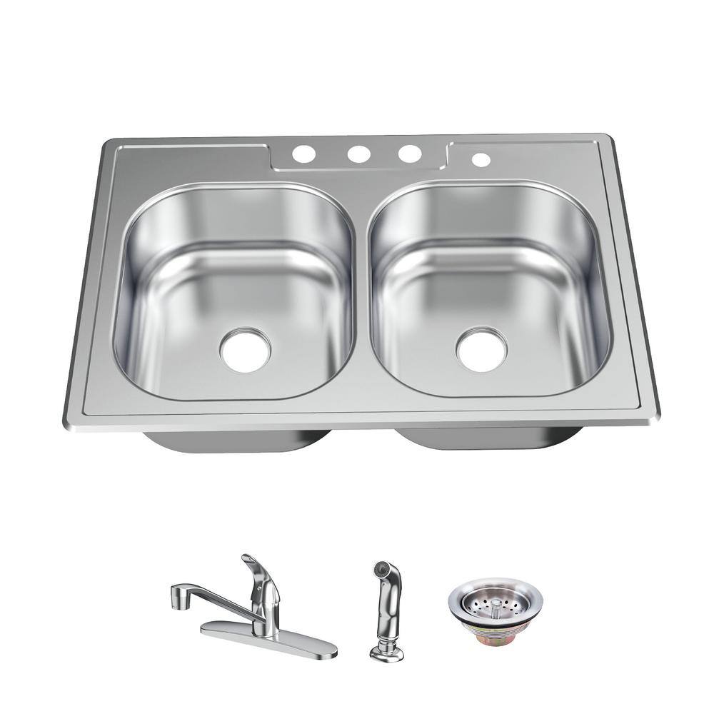 Glacier Bay 33 in. All-in-One Drop-In Stainless Steel 4-Hole Double Bowl Kitchen Sink with Faucet and Sprayer VT3322A08SHA1-2