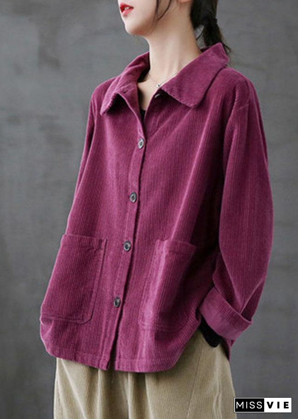 Purple Loose Pockets Shirt Top Long Sleeve Corduroy Coat