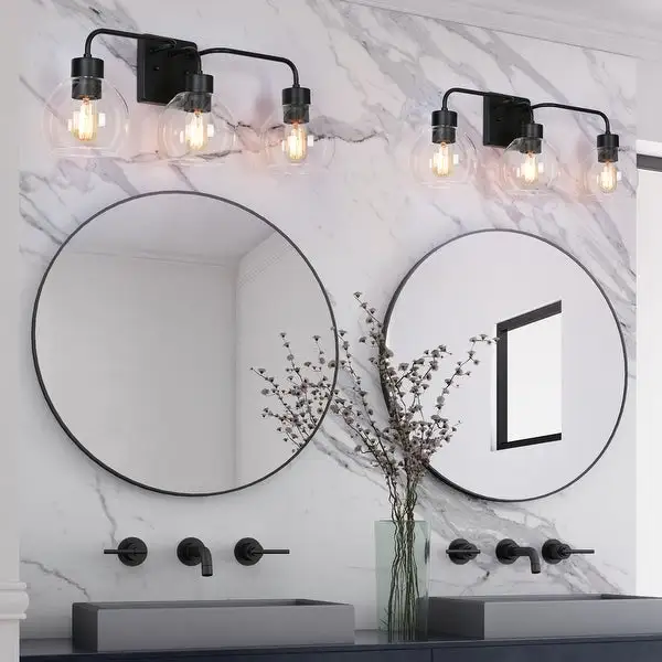 3-Light Modern Black Bathroom Vanity Lights Linear Wall Sconce with Globe Glass - 24.5