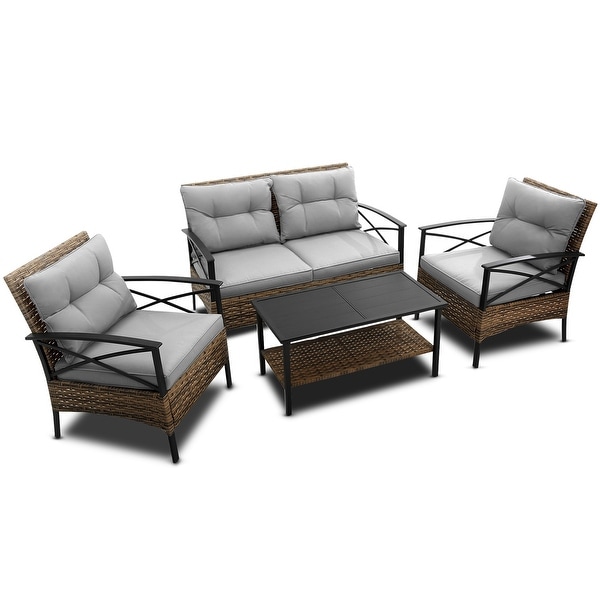 4 Piece Outdoor Conversation Chair Set With Cushion，Patio Rattan Wicker Set with 2 Single chairs and Loveseat，Coffee Table