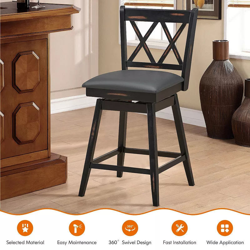 2 Pieces 24 Inch Swivel Counter Height Barstool Set with Rubber Wood Legs