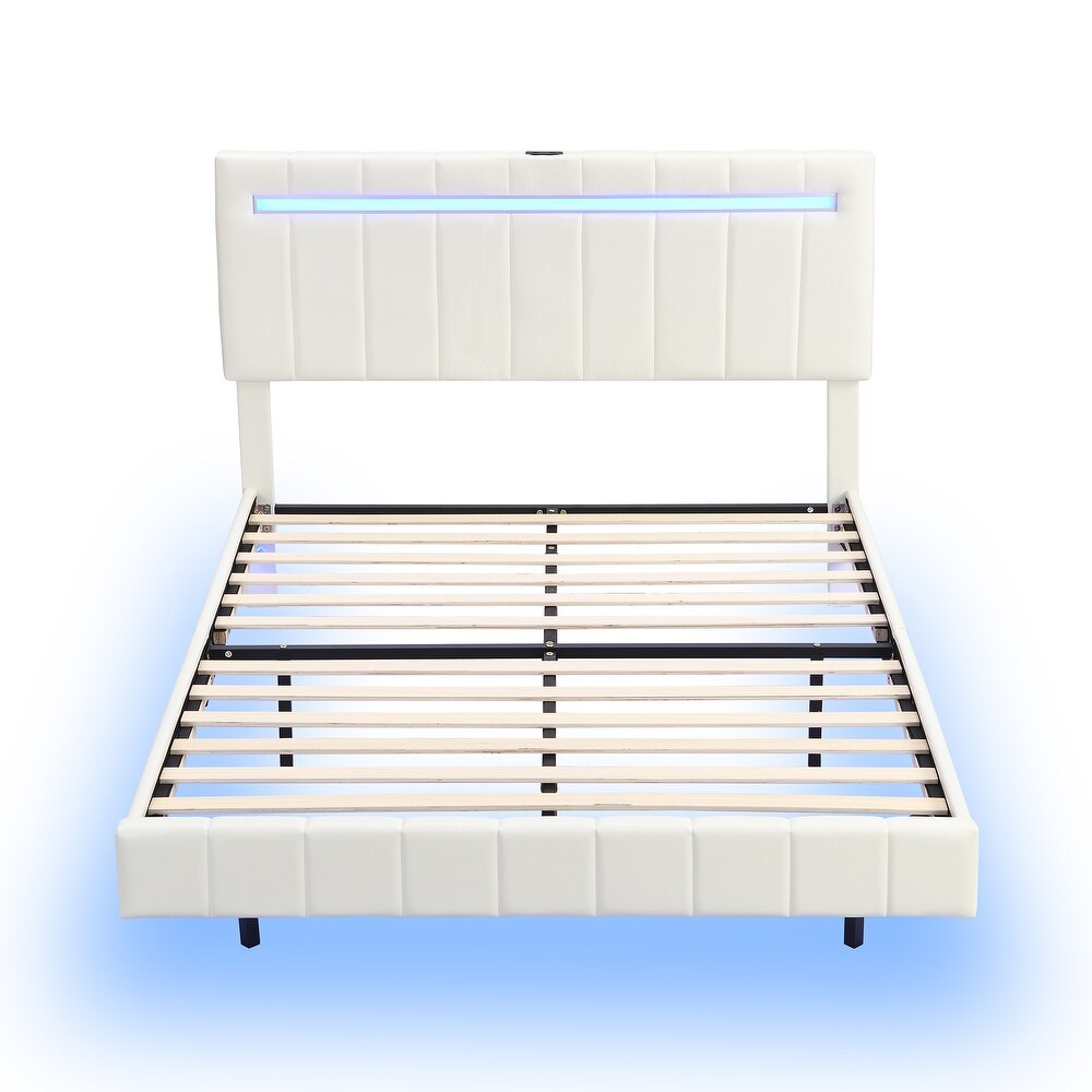 Floating Bed Frame w/ LED Lights Headboard Unique PU Upholstered Platform LED Bed Frame w/ USB Power Strips No Box Spring Needed