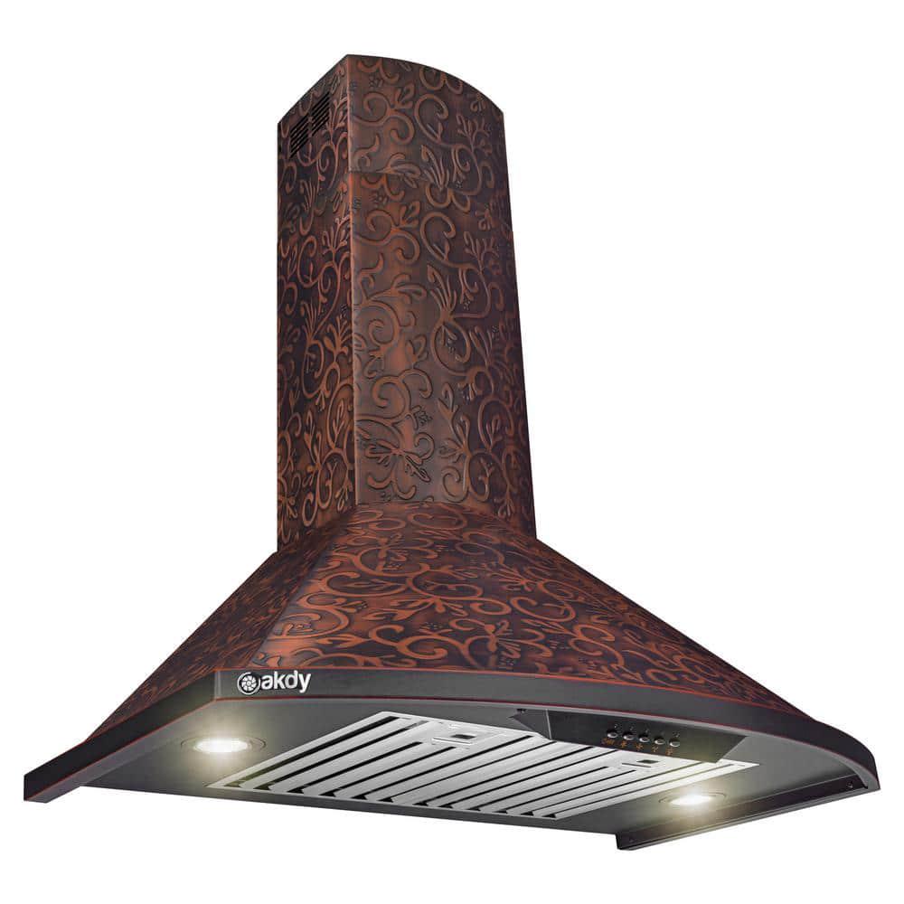 AKDY 30 in Convertible Wall Mount in Embossed Copper Vine Design Kitchen Range Hood with Lights