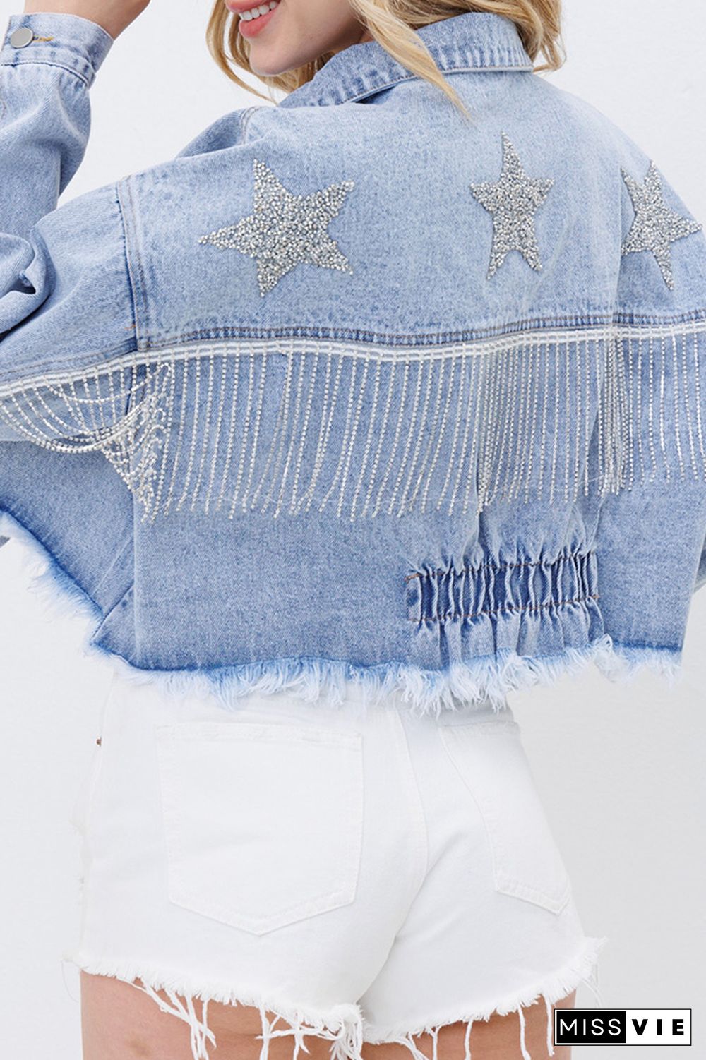 Ripped Rhinestone Tassle Short Denim Jacket