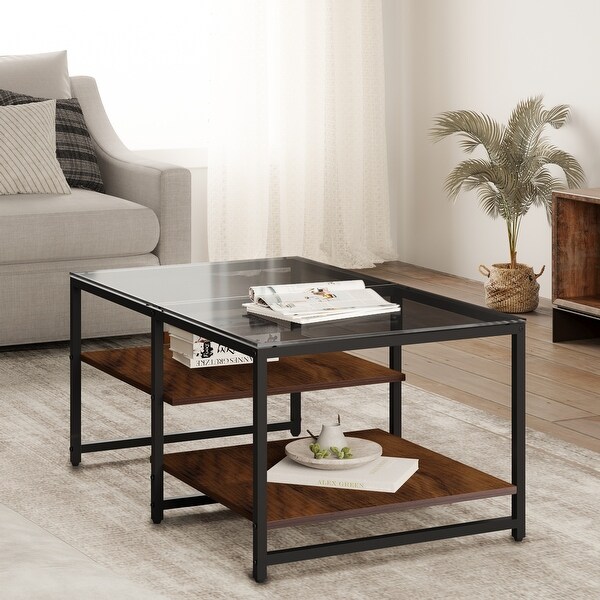 Farmhouse Glass Coffee Table with Storage， Metal Wood - 39.3 x 23.6 x 17.7