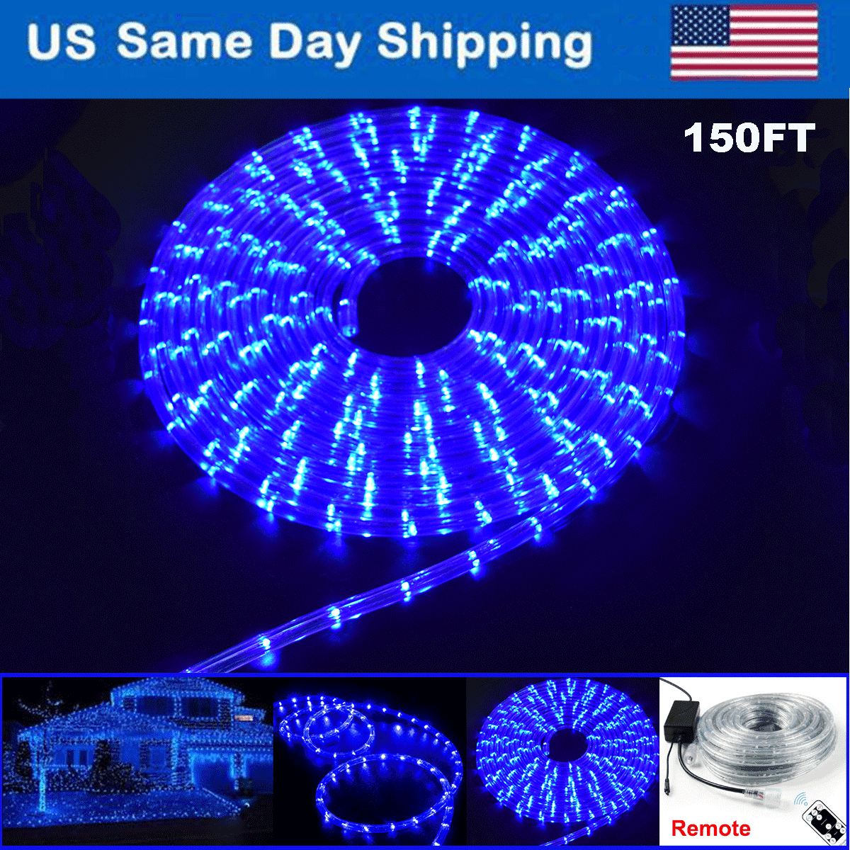 150 ft LED Rope Lights with Remote Controller 4 Lighting Mods Blue LED Rope String Light Party LED Flexible Fairy Lights for Indoor Outdoor Bedroom Pool Party Wedding Garden Decoration