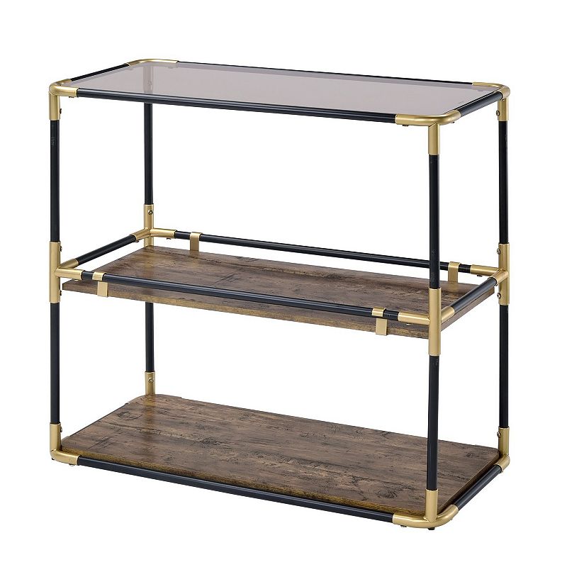 Rechange Glass Top Console Table Metal Tubular Framing and Wooden Shelves， Black and Brown