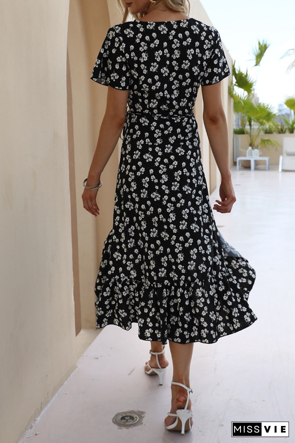 Sweet Elegant Floral Frenulum Flounce V Neck A Line Dresses