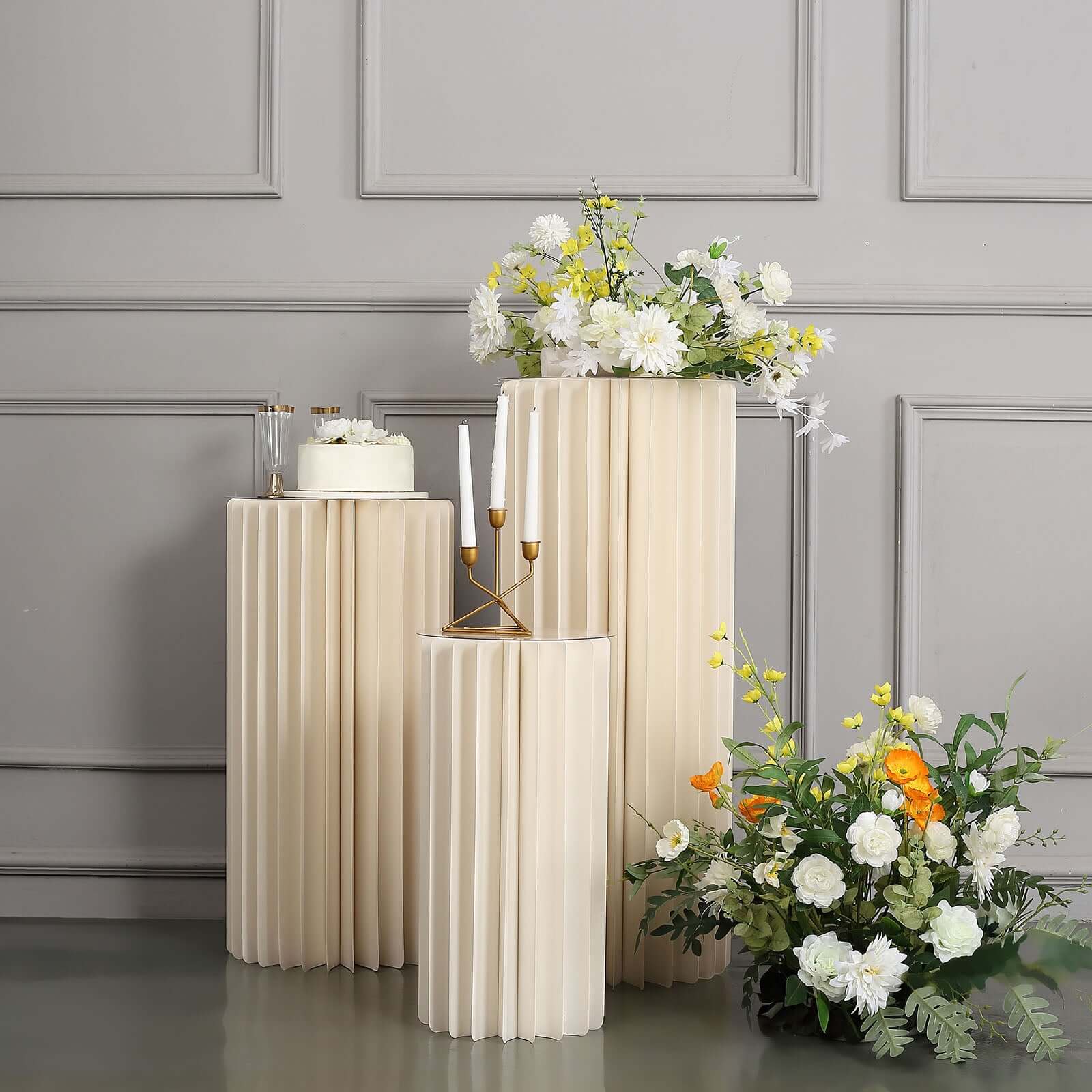 Ivory Cylinder Pillar Pedestal Stand, Display Column Stand With Top Plate 24