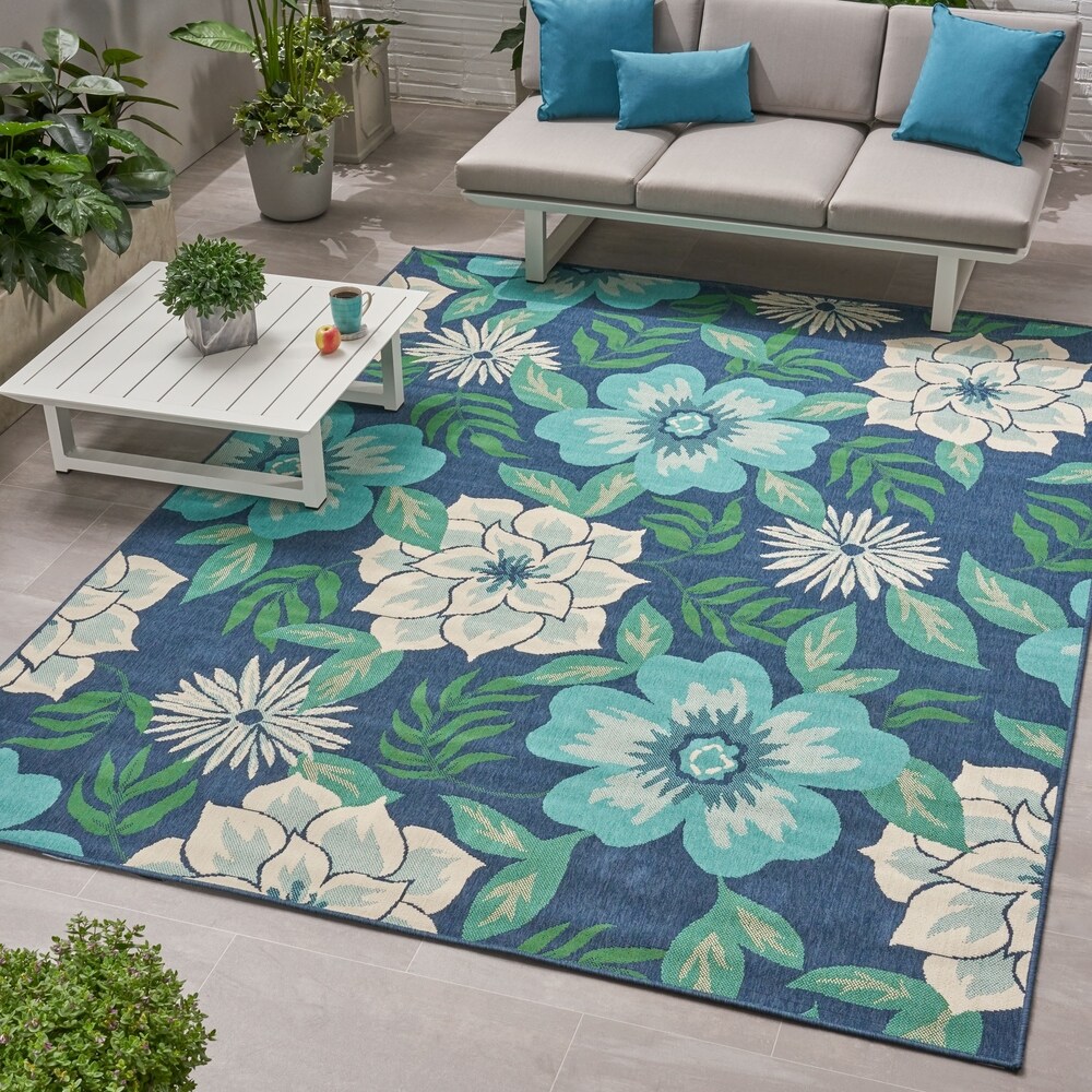 Meza Blue and Green Floral Outdoor Area Rug by Christopher Knight Home