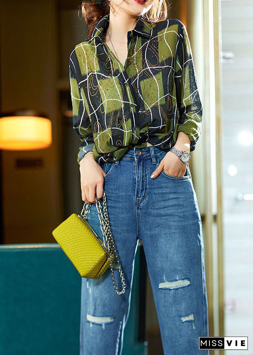 Women Green Plaid Zircon Patchwork Cotton Blouses Spring