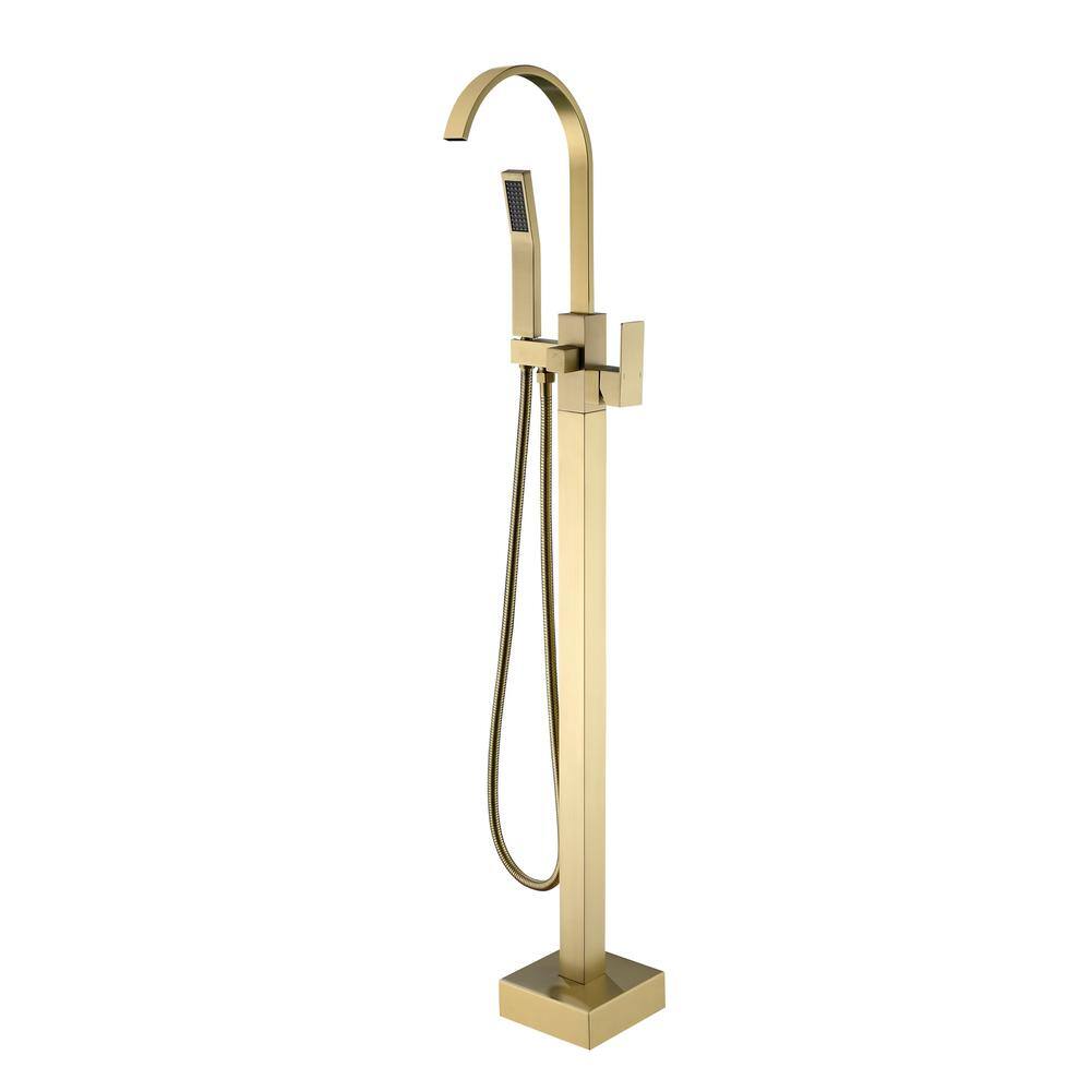 Miscool Upo 1-Handle Freestanding Floor Mount Roman Tub Faucet Bathtub Filler with Hand Shower in Brushed Gold SHNKHD10E861GL