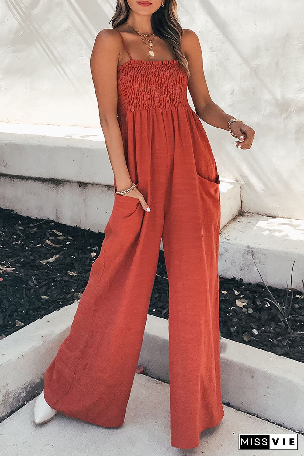 Fashion Living Solid Pocket Spaghetti Strap Loose Jumpsuits