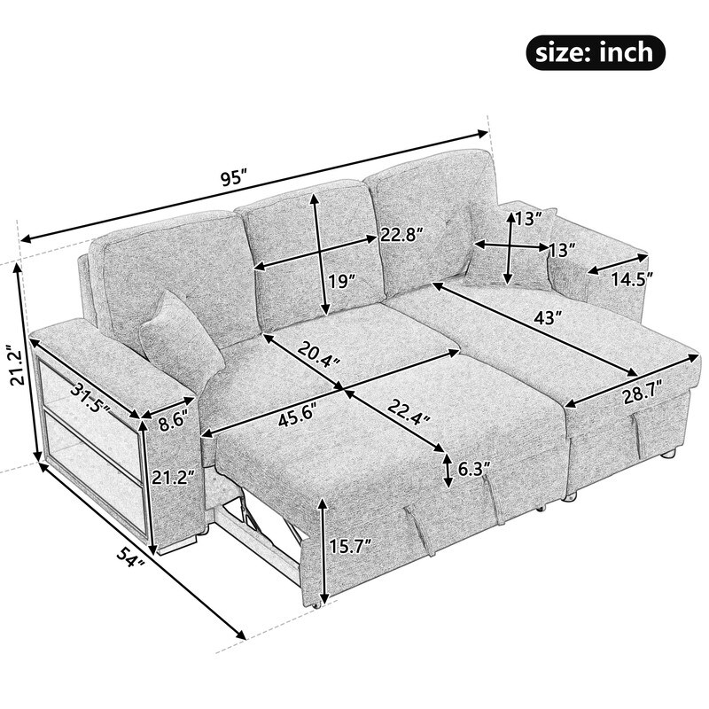 Reversible Sleeper Sectional Sofa Couch with Side Shelf and 2 Stools  Pull Out L Shaped Sofa Bed  Corner Sofa Bed with Storage