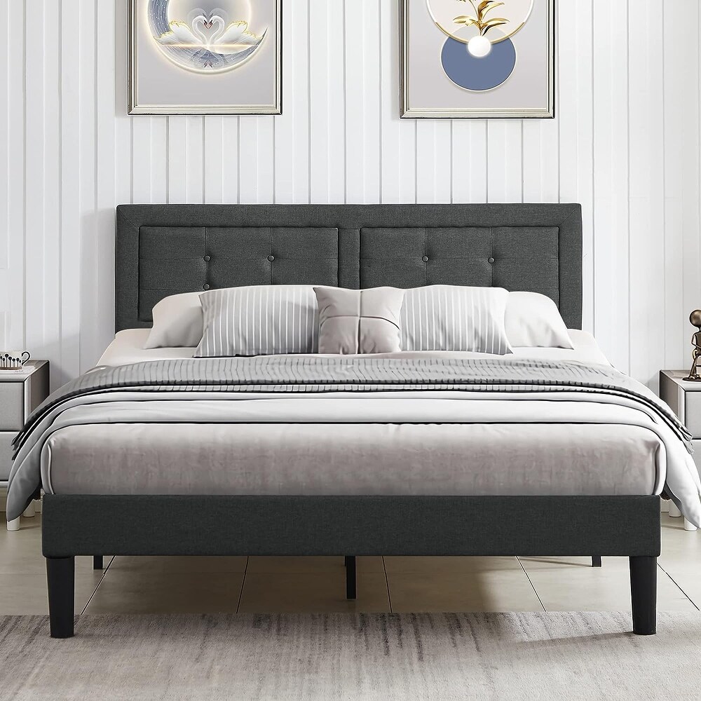 VECELO Tufted Upholstered Bed with Adjustable Headboard  Dark Grey Beige Blue Bed