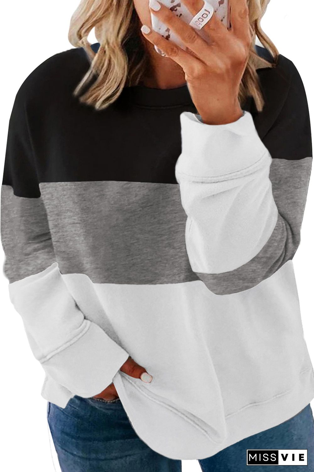 White Crew Neck Colorblock Plus Size Sweashirt