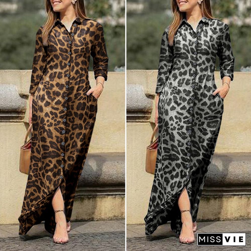 VONDA 3 Colors Women Casual Leopard Print Long Maxi Dresses Vintage Long Sleeve Button Up Lapel Collar Shirts Vestido Plus Size