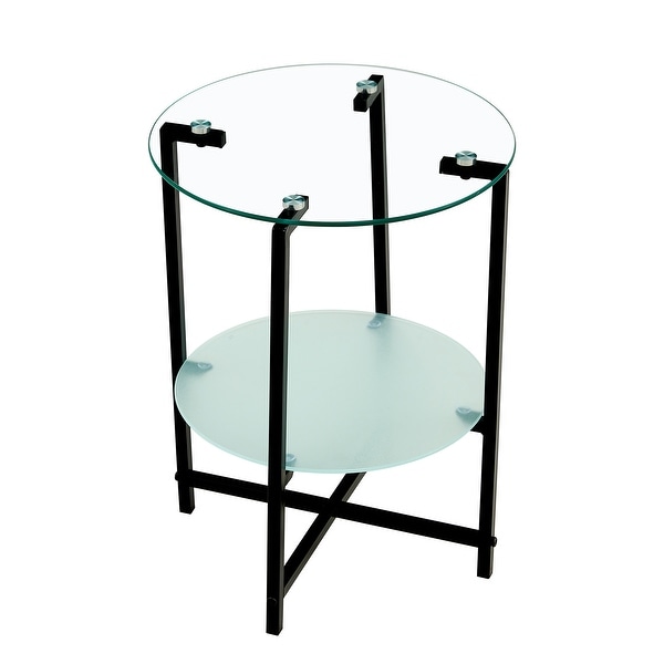 2- layer Tempered Glass End Table， Round Coffee Table for Bedroom Living Room Office (black)