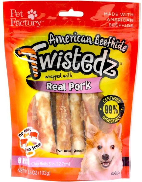 Pet Factory Twistedz 5-inch Beefhide Chip Rolls Pork Flavored Wrap Dog Hard Chews， 8 count