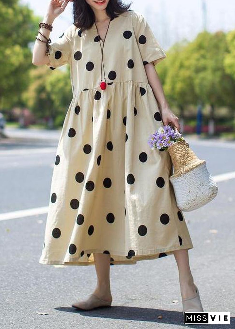 Unique linen Wardrobes Casual Polka Dot V-Neck Loose Linen Dress