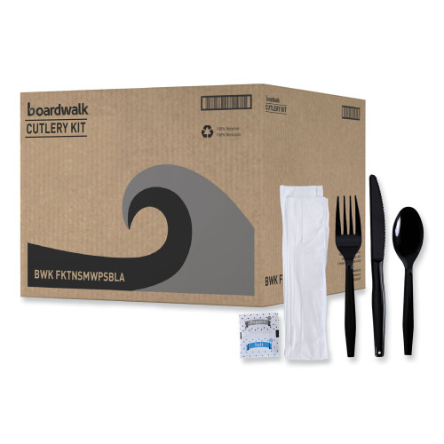 Boardwalk Six-Piece Cutlery Kit， Condiment/Fork/Knife/Napkin/Teaspoon， Black， 250/Carton (FKTNSMWPSBLA)