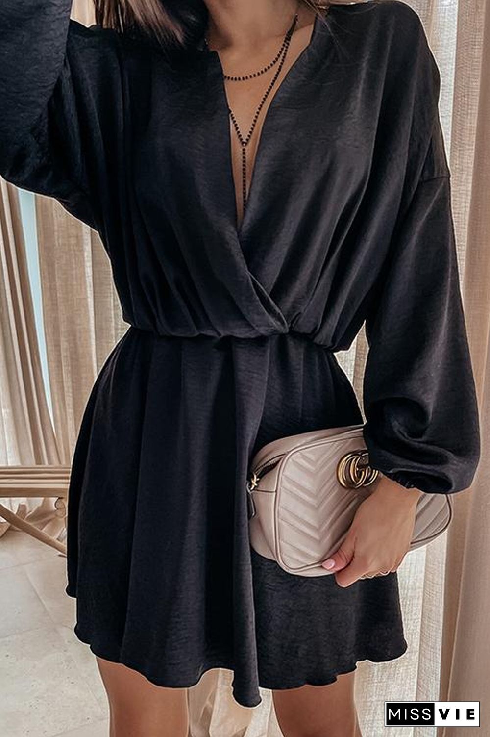 V Neck Loose Long Sleeve Mini Dress