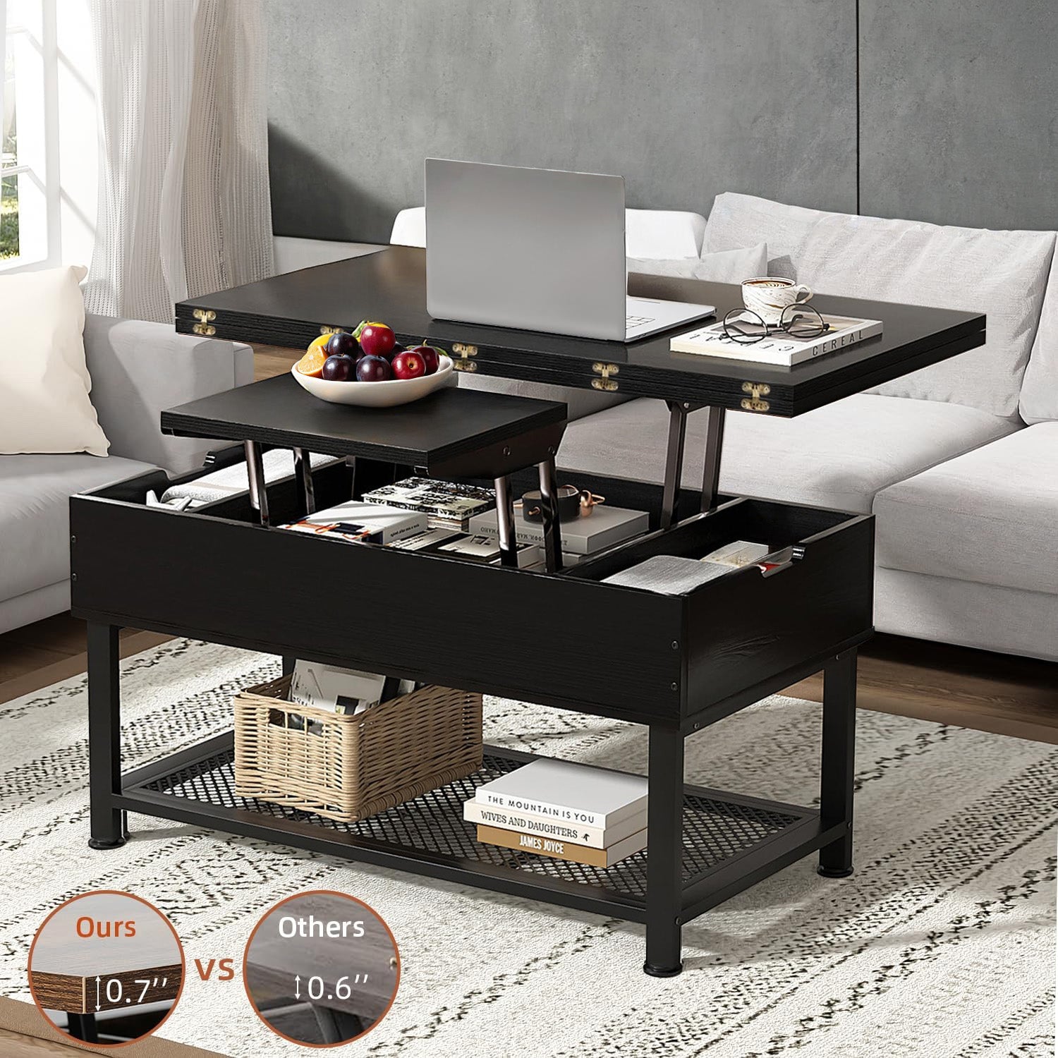 Coffee Table with Lifting Top Modern Lift Dining Table with 4 Storage Spaces