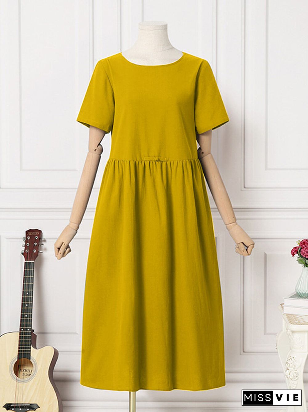 Solid Ruched Round Neck Short Sleeve Casual Cotton Midi Dress