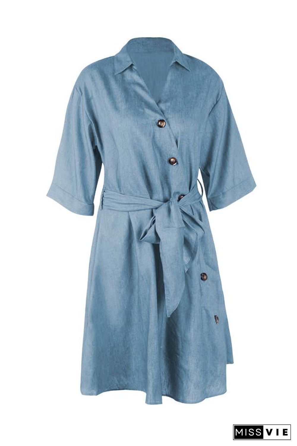 Tie Waist Button Down Elegant Shirt Dress 3/4 Sleeve Casual Dress