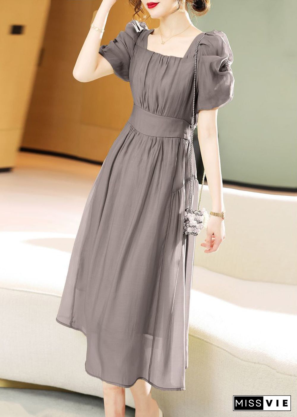 New Grey Lace Up Patchwork Chiffon Dress Short Sleeve