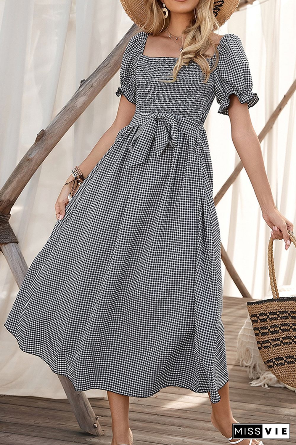 Square Collar Bow Knot Loose Midi Dress Wholesale