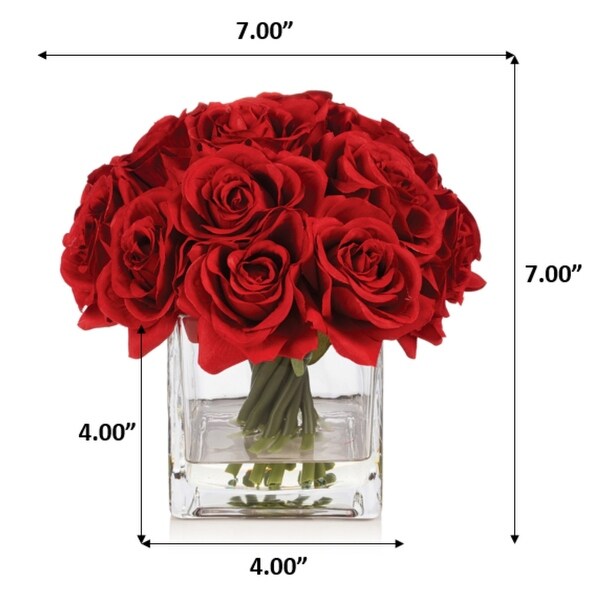 Enova Home Artificial Silk Rose Flowers in Cube Glass Vase with Faux Water for Home Office Decoration