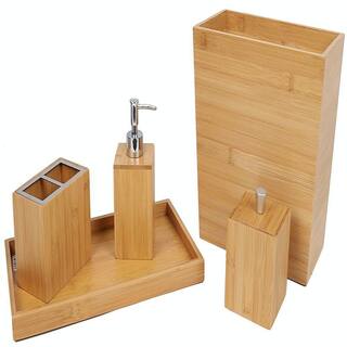 Dracelo 5-Piece Bathroom Accessory Set with Dispenser Trash Can Toothbrush Holder in Bamboo B08W22ZBPL