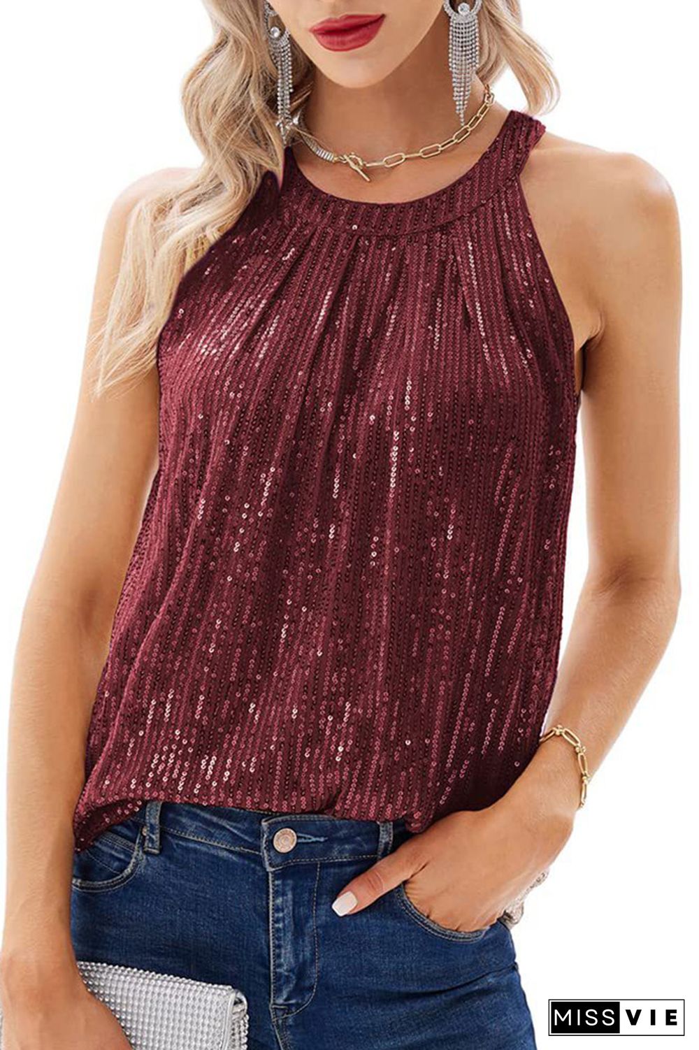 Plain Sequin Halter Tank Top