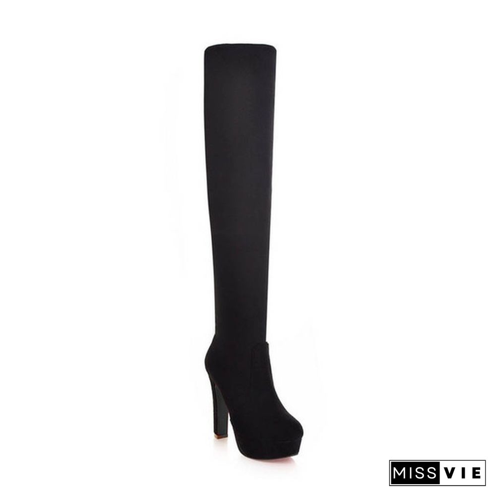 The New Autumn/winter Thigh-high Boots with Three Styles of Wear, Elastic and Matted Waterproof Platform, High-heel, Chunky-heel and Over-the-knee Boots Size 34-48