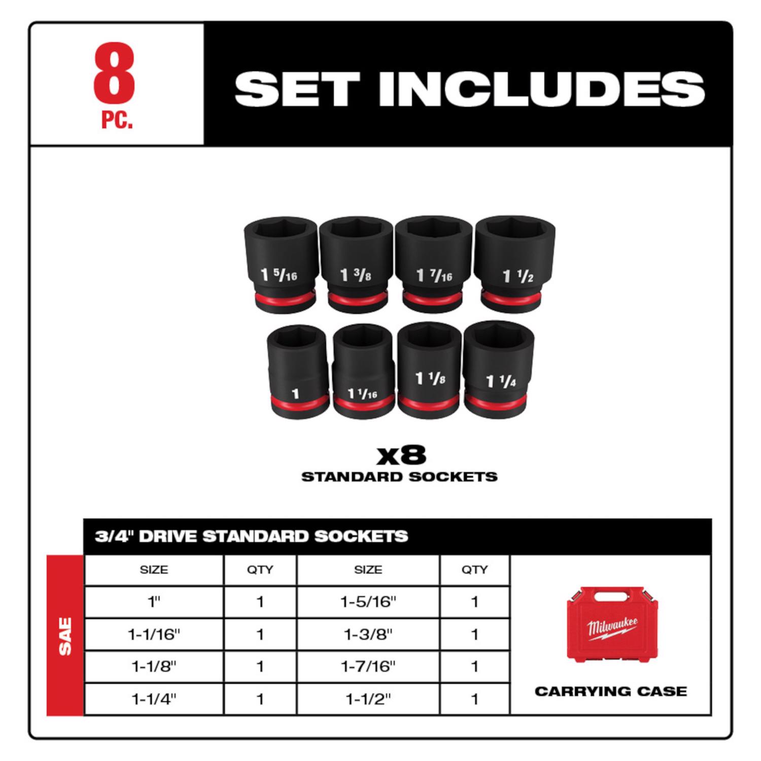 MW Shockwave 1-3/8 in. X 3/4 in. drive SAE 6 Point Standard Impact Socket Set 8 pc