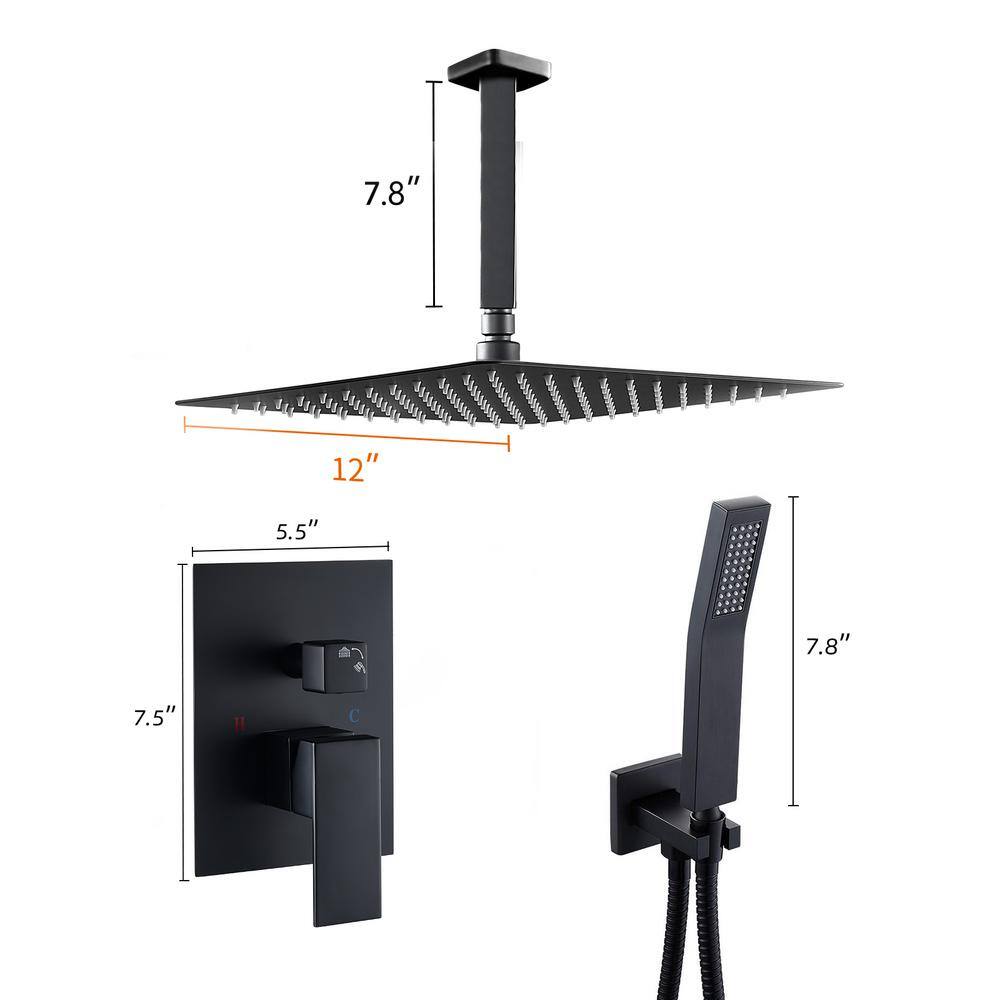 Zalerock Rainfall 1-Spray Square Ceiling Mount Shower System Shower Head with Handheld in Black (Valve Included) KSA033