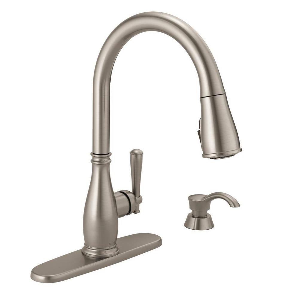 Delta Charmaine Single-Handle Pull-Down Sprayer Kitchen Faucet with Soap Dispenser and ShieldSpray Technology in Stainless 19962Z-SSSD-DST