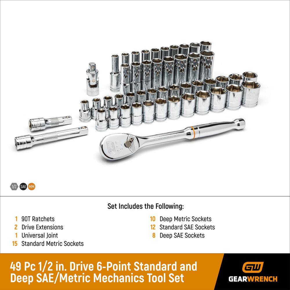 GEARWRENCH 12 in. Drive 6-Point Standard and Deep SAEMetric Mechanics Tool Set (49-Piece) 80700D