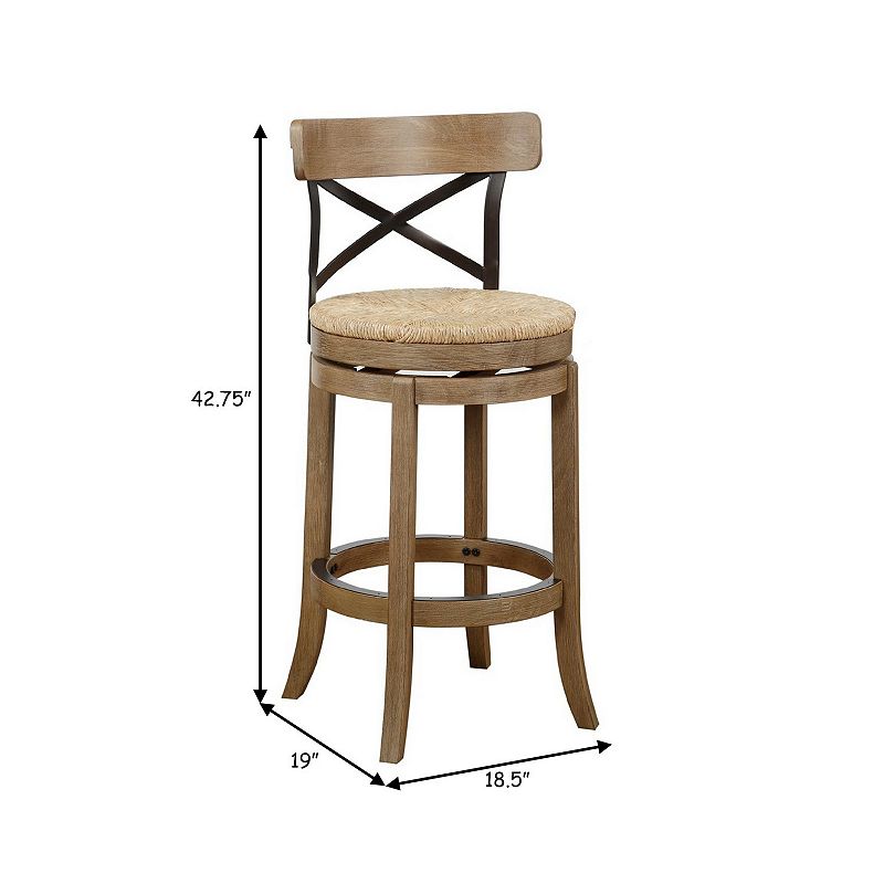 Mia 29 Inch Swivel Barstool， Crossed Metal Back， Sedge Seat， Natural Brown