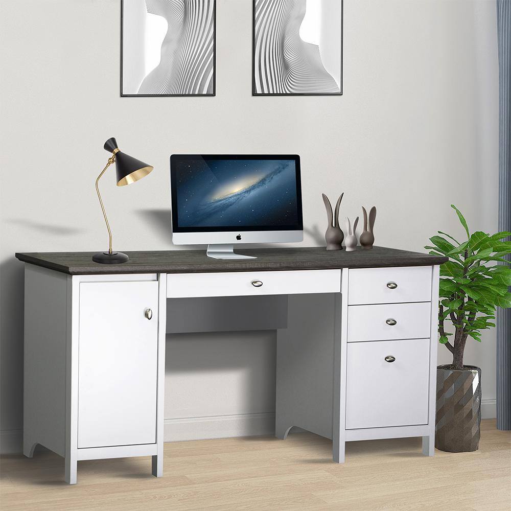 SAINT BIRCH Olivia 59.5 in. Gray Oak and White Wood 4-Drawer Writing Desk SBOV1125WDWG