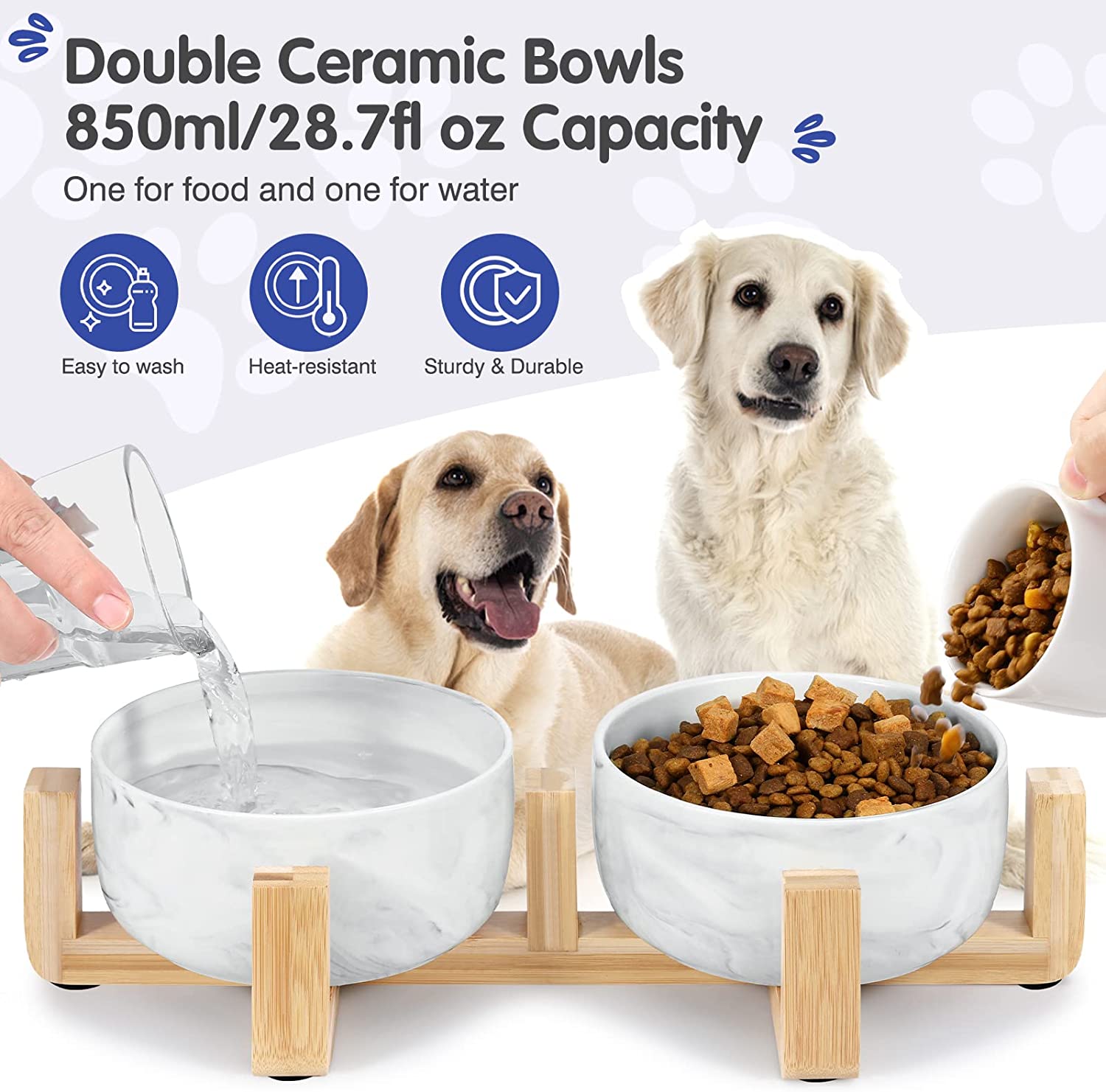 Pawaboo Ceramic Dog Bowls Cat Food and Water Bowls Set with Wooden Stand & Non-Slip Silicone Pad, Modern Cute Bowl Set for Small Size Dogs and Cats (15.2OZ ) & Medium Sized Dogs (28OZ), 6inch-Ink